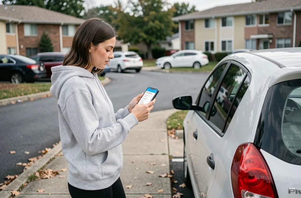 Jeune femme debout près de sa voiture consultant son rapport de conduite sur une application d'assurance connectée