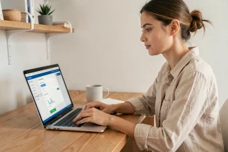 Jeune femme ouvrant un compte bancaire en ligne depuis son bureau à domicile sur un ordinateur portable
