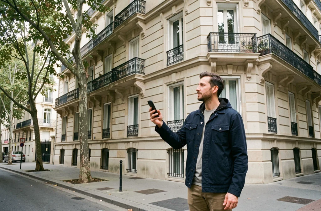 Jeune homme évaluant un immeuble locatif rénové dans une rue urbaine typique française