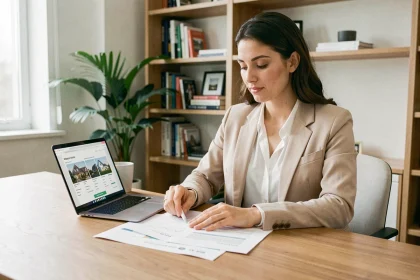 Jeune investisseuse immobilière analysant des documents de location et des annonces en ligne dans un bureau moderne