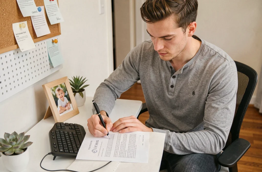 Jeune père signant un contrat d'assurance-vie à son bureau à domicile, photo de son enfant visible en arrière-plan