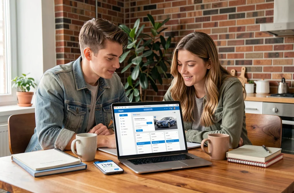Deux jeunes adultes comparant des offres d'assurance auto connectée sur un ordinateur portable à la maison