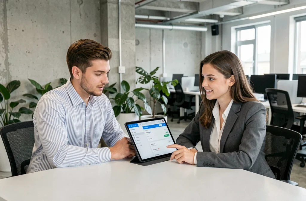 Deux jeunes professionnels consultant un compte bancaire en ligne sur une tablette dans un espace de coworking