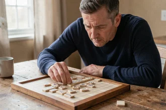 Joueur de Scrabble posant des lettres sur un plateau en bois pour former un mot court, ambiance chaleureuse à domicile