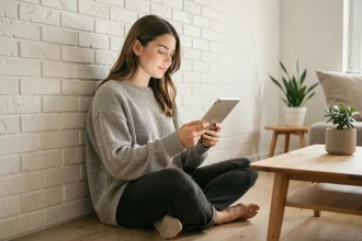Jeune femme lisant un manga en français sur une tablette dans un appartement minimaliste
