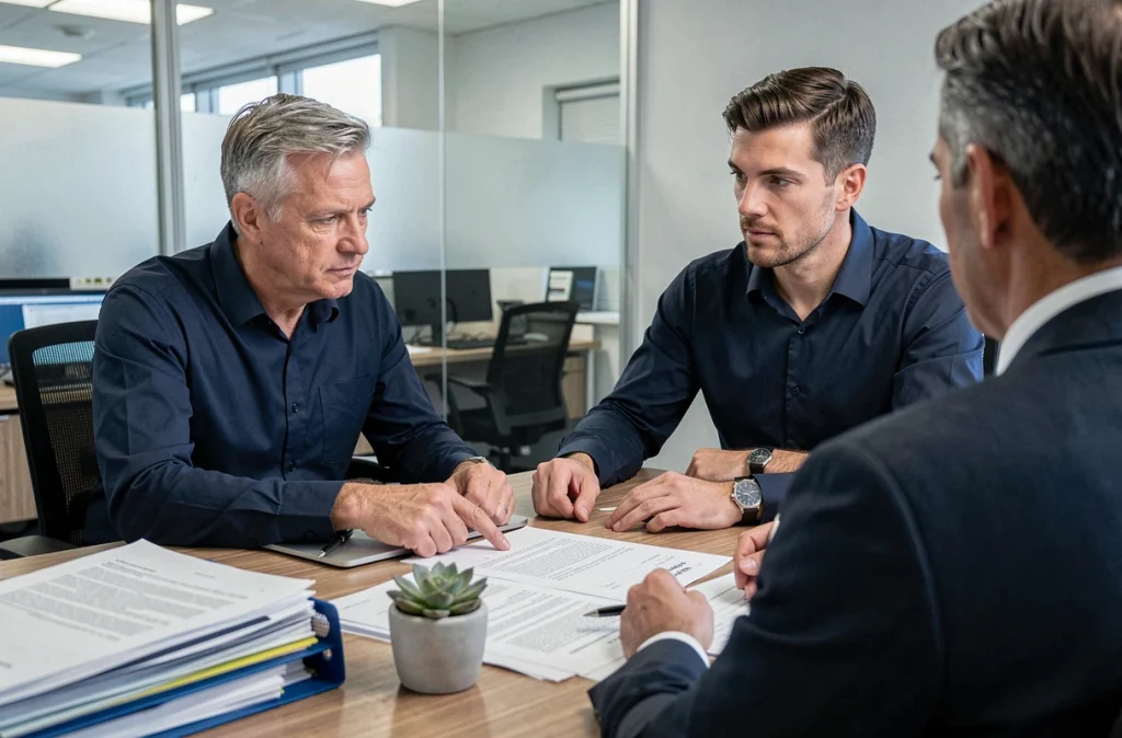 Locataire et agent immobilier examinant ensemble les clauses d'un bail de location dans un bureau professionnel