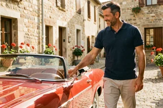 Passionné d'automobile admirant une voiture ancienne rouge décapotable lors d'une location dans un village français