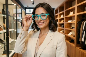 Femme portant des lunettes à monture turquoise en boutique optique contemporaine, accessoire de mode tendance