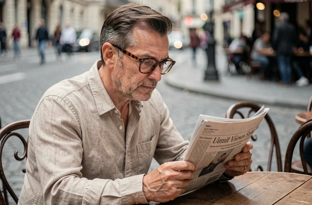 Homme avec lunettes monture écaille ambrée assis en terrasse de café parisien, tendance lunettes colorées
