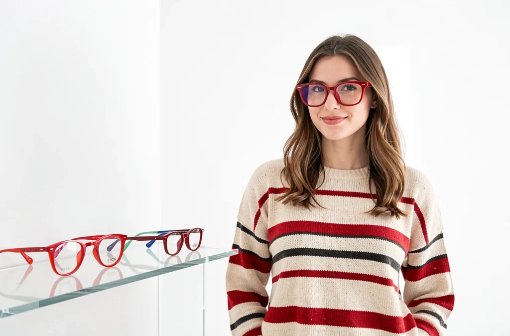 Jeune femme portant des lunettes à monture rouge vif devant un présentoir d'optique minimaliste, accessoire mode phare