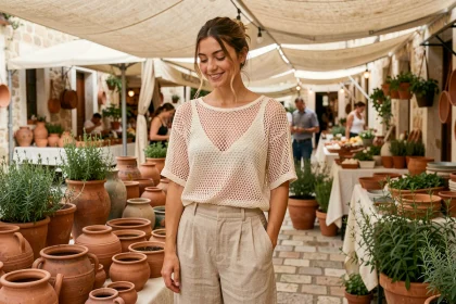 Femme portant un top en maille légère et un pantalon en lin beige dans un marché méditerranéen en été