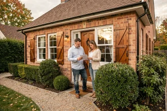 Couple devant une maison individuelle en brique avec jardin et porche, illustrant l'achat d'une maison individuelle en banlieue