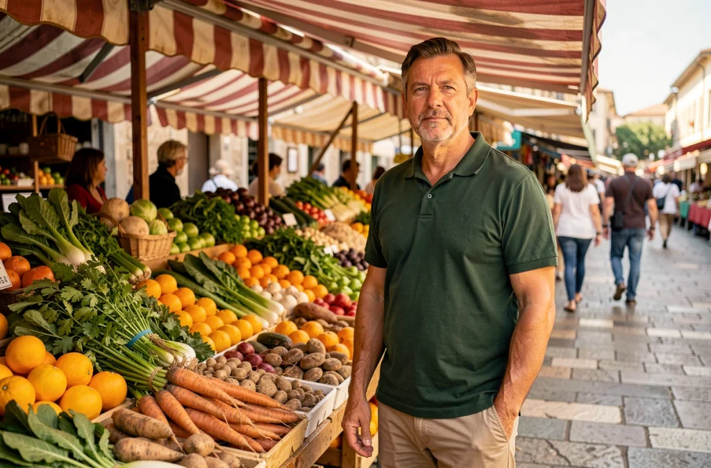Homme au marché choisissant des fruits et légumes variés pour une alimentation équilibrée et riche en nutriments