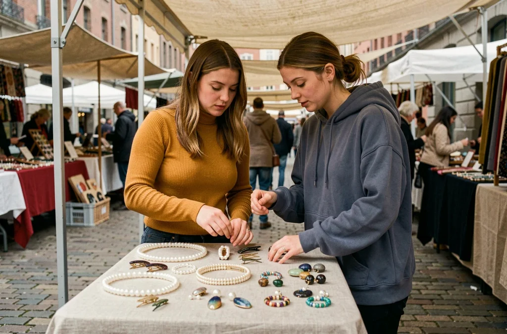 Deux femmes explorant des accessoires en perles artisanaux sur un marché urbain en plein air