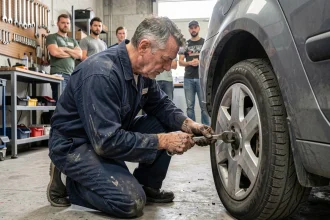 Mécanicien bénévole réparant une voiture dans un garage solidaire urbain entouré d'apprentis
