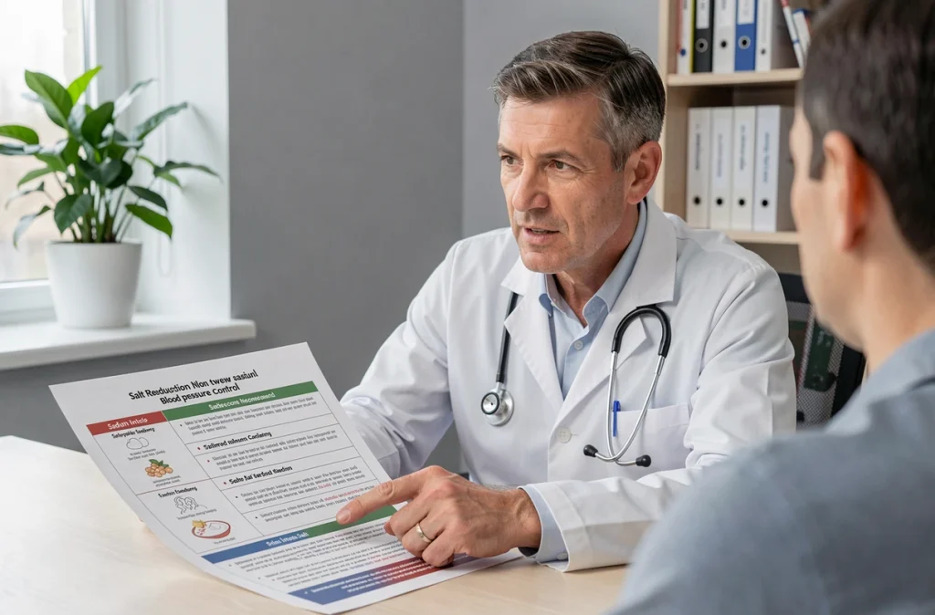 Médecin expliquant à son patient les recommandations de réduction du sel pour prévenir l'hypertension artérielle lors d'une consultation médicale