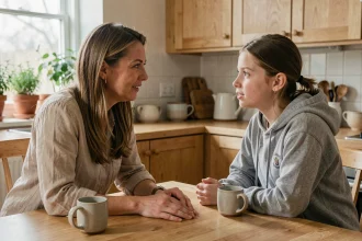 Mère et adolescente en conversation sincère autour d'une table en bois dans une cuisine familiale chaleureuse