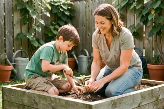 Une mère et son jeune fils plantent des semis ensemble dans un potager familial en bois dans le jardin