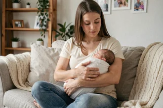 Jeune mère tenant tendrement son nouveau-né emmailloté dans une couverture en mousseline, assise sur un canapé en lin dans un salon familial chaleureux
