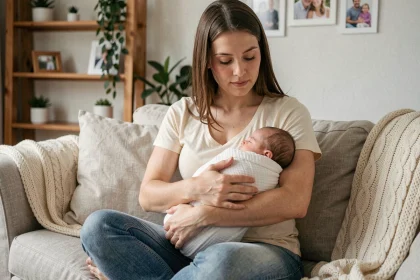 Jeune mère tenant tendrement son nouveau-né emmailloté dans une couverture en mousseline, assise sur un canapé en lin dans un salon familial chaleureux