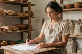 Artisane boulangère examinant des documents de microcrédit dans son atelier de boulangerie artisanale