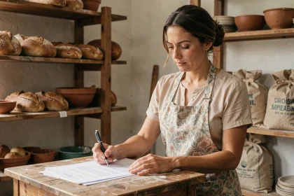 Artisane boulangère examinant des documents de microcrédit dans son atelier de boulangerie artisanale