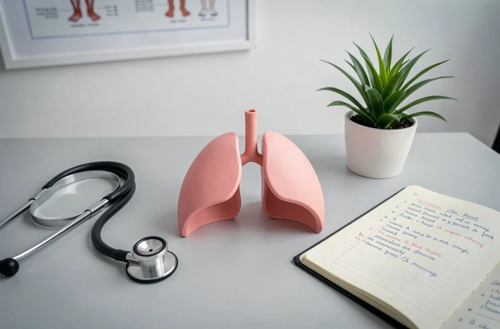 Modèle anatomique de poumons sur un bureau médical avec stéthoscope et plante verte, évoquant la régénération pulmonaire après l'arrêt du tabac