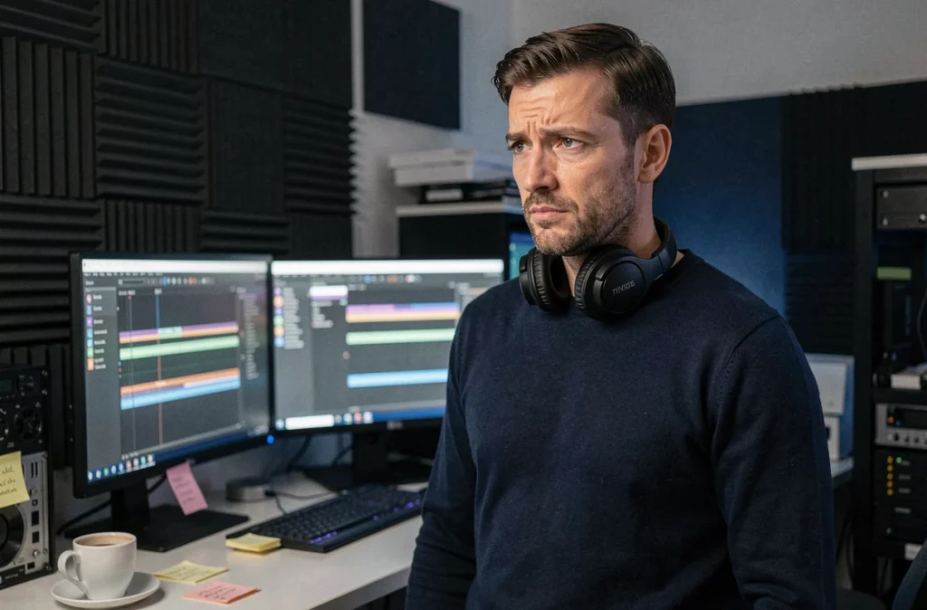 Monteur vidéo berlinois dans une suite de post-production face aux défis causés par les grèves hollywoodiennes