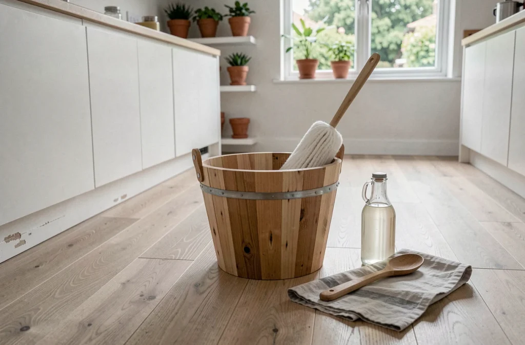Seau en bois et vinaigre blanc pour le nettoyage naturel d'un parquet en frêne dans une cuisine minimaliste