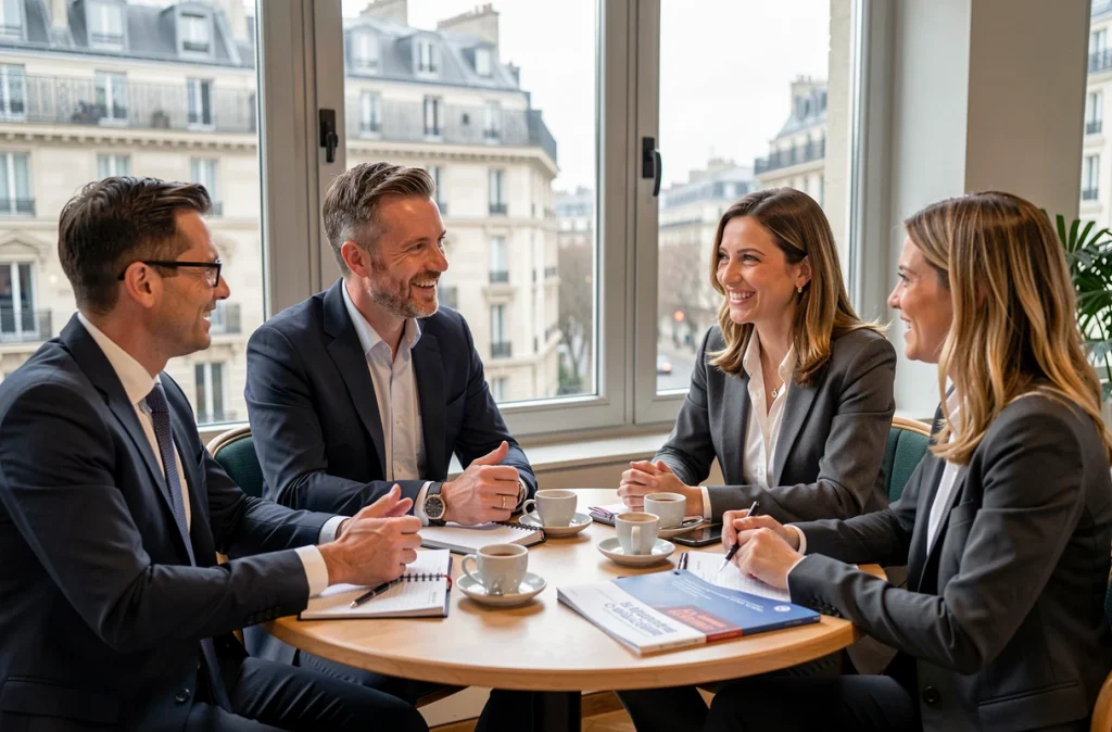 Groupe de notaires et juristes en discussion lors d'une pause networking au congrès UINL Paris