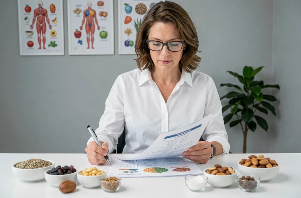 Nutritionniste analysant un plan alimentaire varié pour prévenir les carences en vitamines et minéraux essentiels