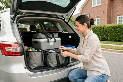 Femme organisant des accessoires de voyage dans le coffre d'un SUV avant un départ en vacances en voiture