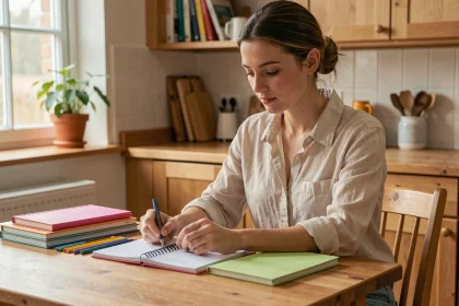 Jeune femme organisant des fournitures scolaires sur une table en bois pour préparer la rentrée scolaire sereinement