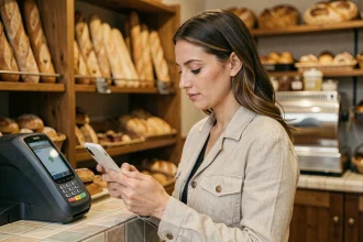 Femme utilisant son smartphone pour un paiement sans contact dans une boulangerie française