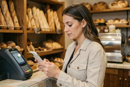 Femme utilisant son smartphone pour un paiement sans contact dans une boulangerie française