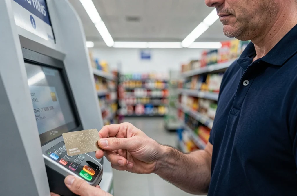 Homme effectuant un paiement sans contact par carte bancaire à une caisse automatique de supermarché