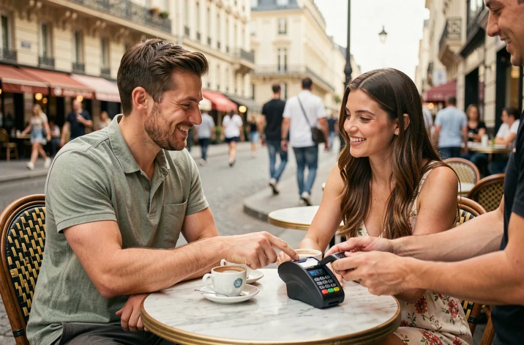 Deux collègues réglant l'addition avec une montre connectée en paiement sans contact en terrasse à Paris