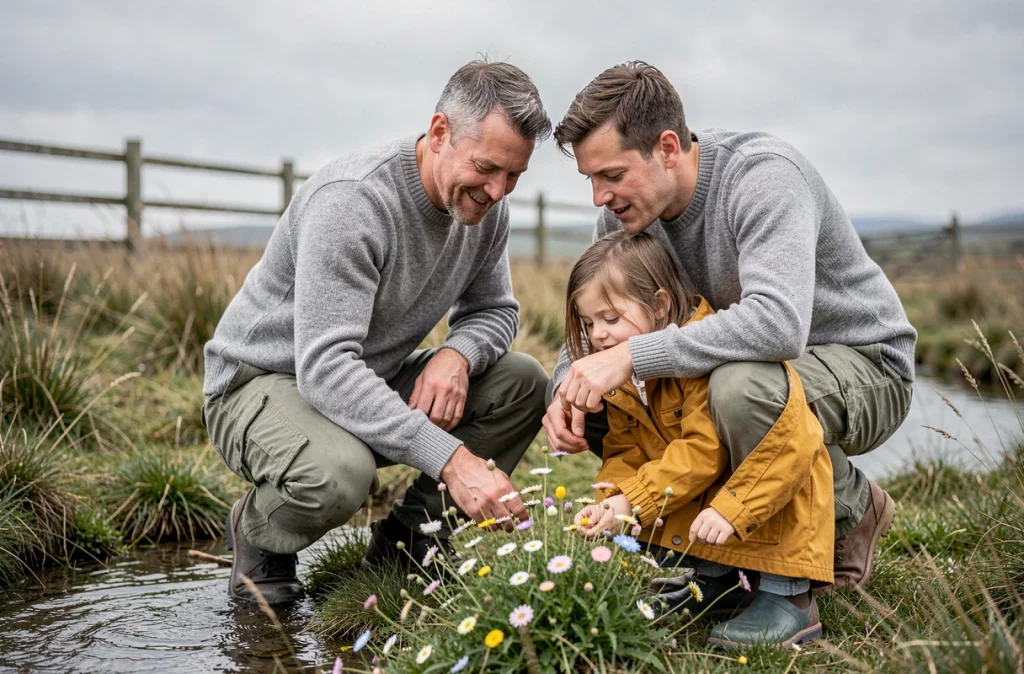 Un père et sa fille observent des fleurs sauvages près d'un ruisseau en prairie, mettant en valeur l'éveil sensoriel des enfants lors des balades en pleine nature