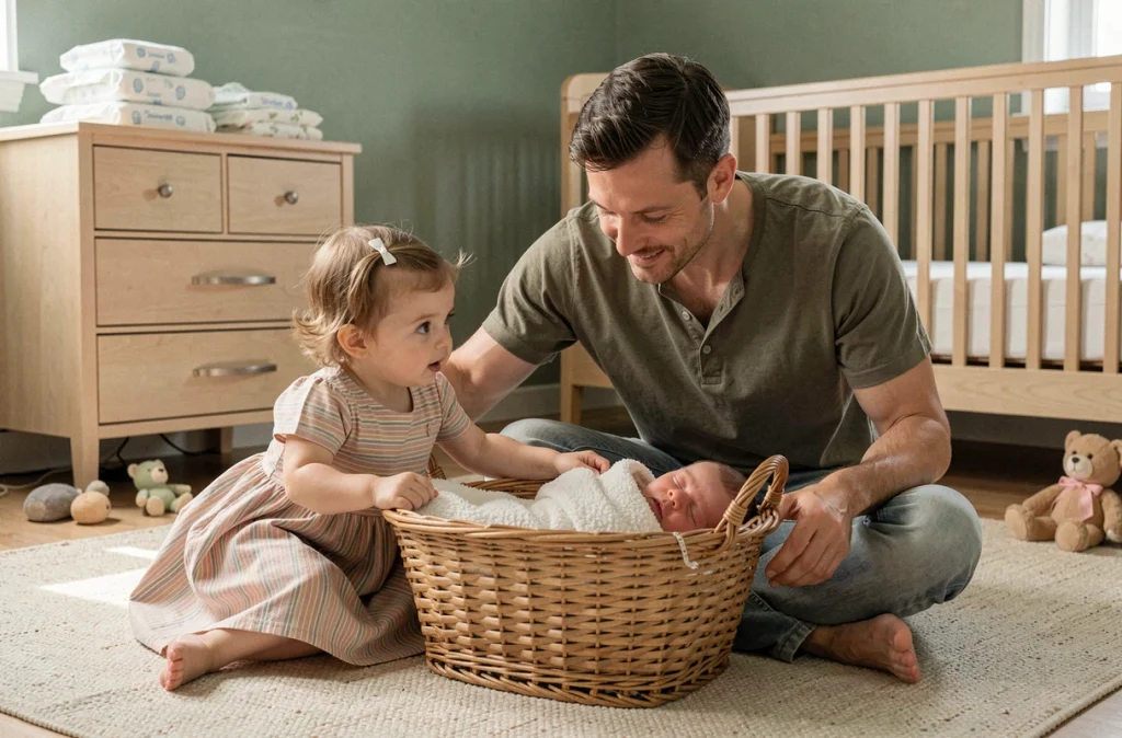 Père et petite fille regardant avec curiosité le nouveau bébé endormi dans son berceau en osier dans une chambre de bébé apaisante