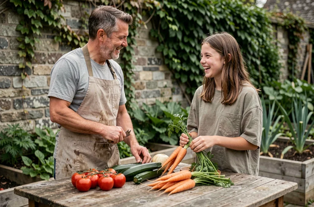 Un père et son adolescente récoltent et présentent des légumes frais du potager devant une maison en pierre