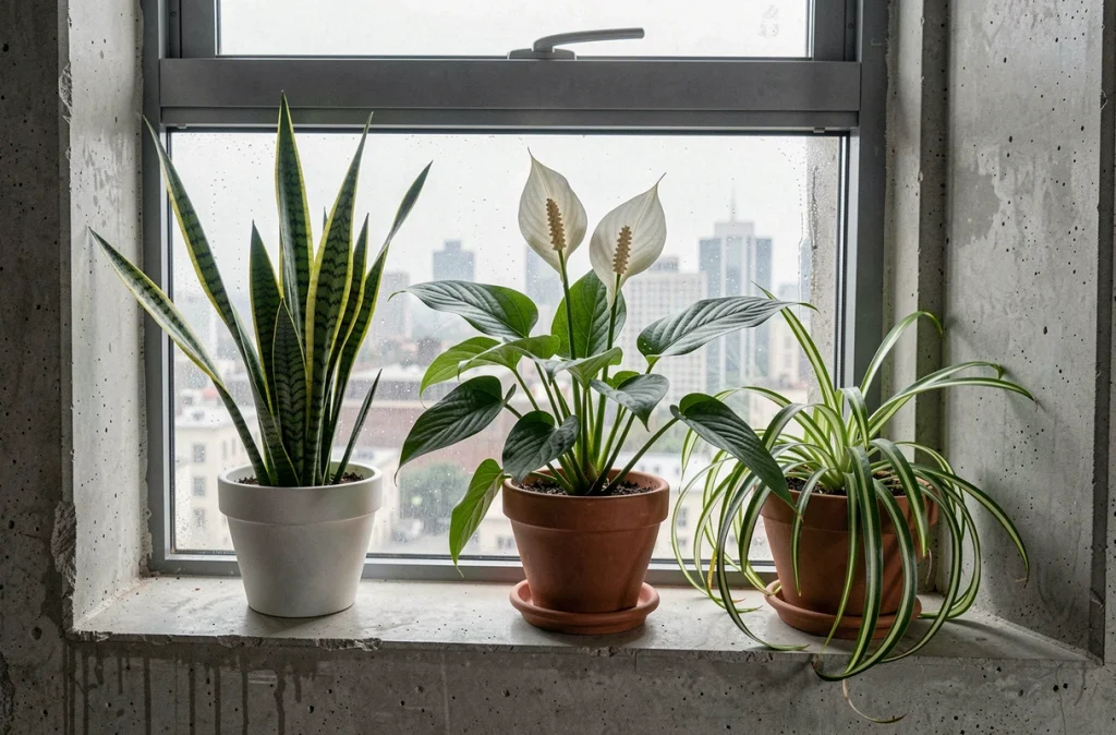 Plantes dépolluantes sur un rebord de fenêtre en béton dans un appartement urbain moderne