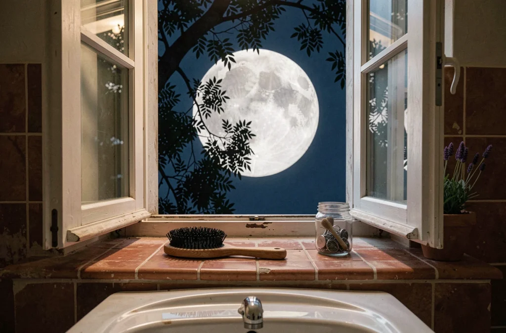 Pleine lune visible depuis une fenêtre de salle de bain avec des accessoires de coiffure, symbolisant le lien entre cycles lunaires et soins capillaires