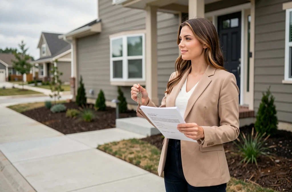 Primo-accédante tenant ses clés devant sa nouvelle maison financée grâce au prêt à taux zéro