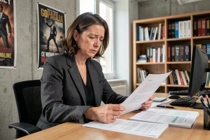 Productrice de cinéma européenne dans son bureau parisien examinant des documents financiers suite aux grèves hollywoodiennes