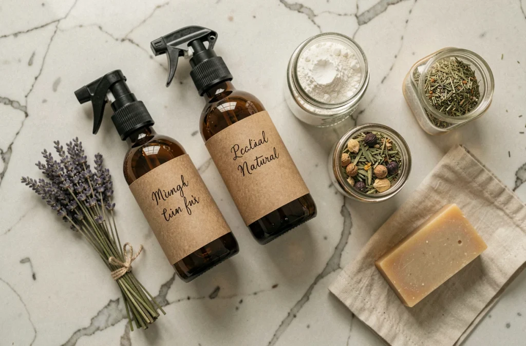 Assortiment de produits ménagers écologiques faits maison en flacons en verre avec étiquettes artisanales sur surface en marbre