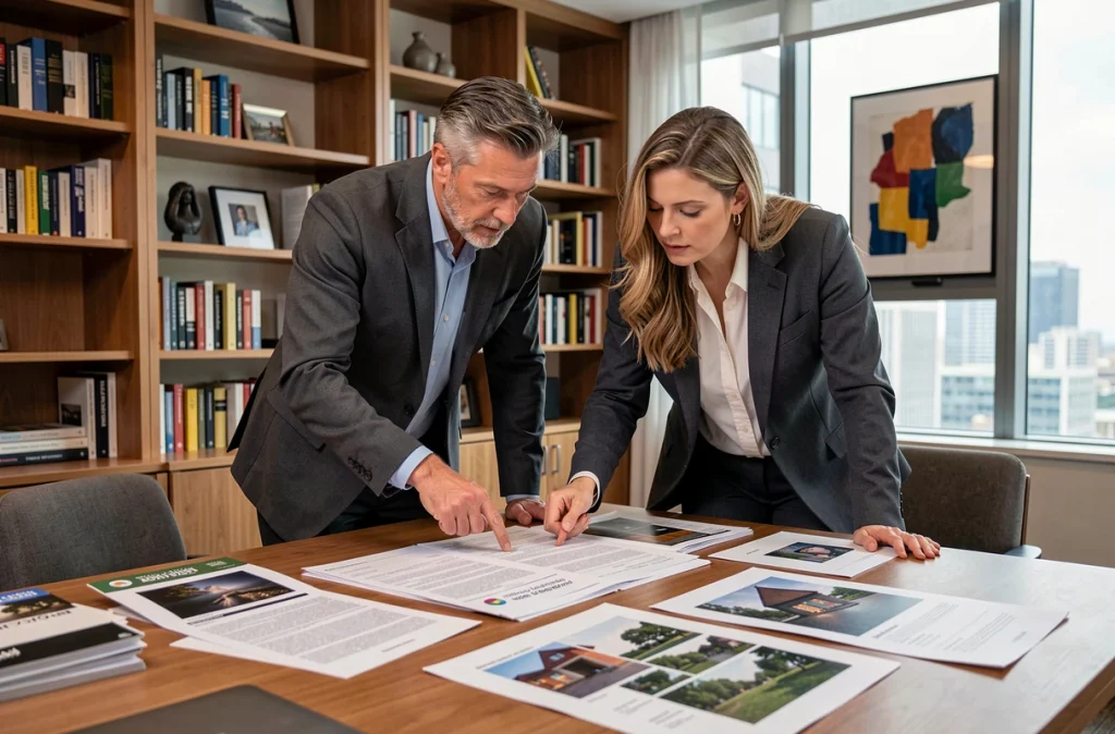 Deux professionnels analysant des catalogues d'art contemporain pour un investissement en galerie privée