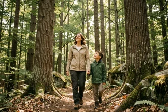 Une mère et son fils se promènent sur un sentier forestier entourés de grands chênes, illustrant les bienfaits des promenades en nature avec les enfants