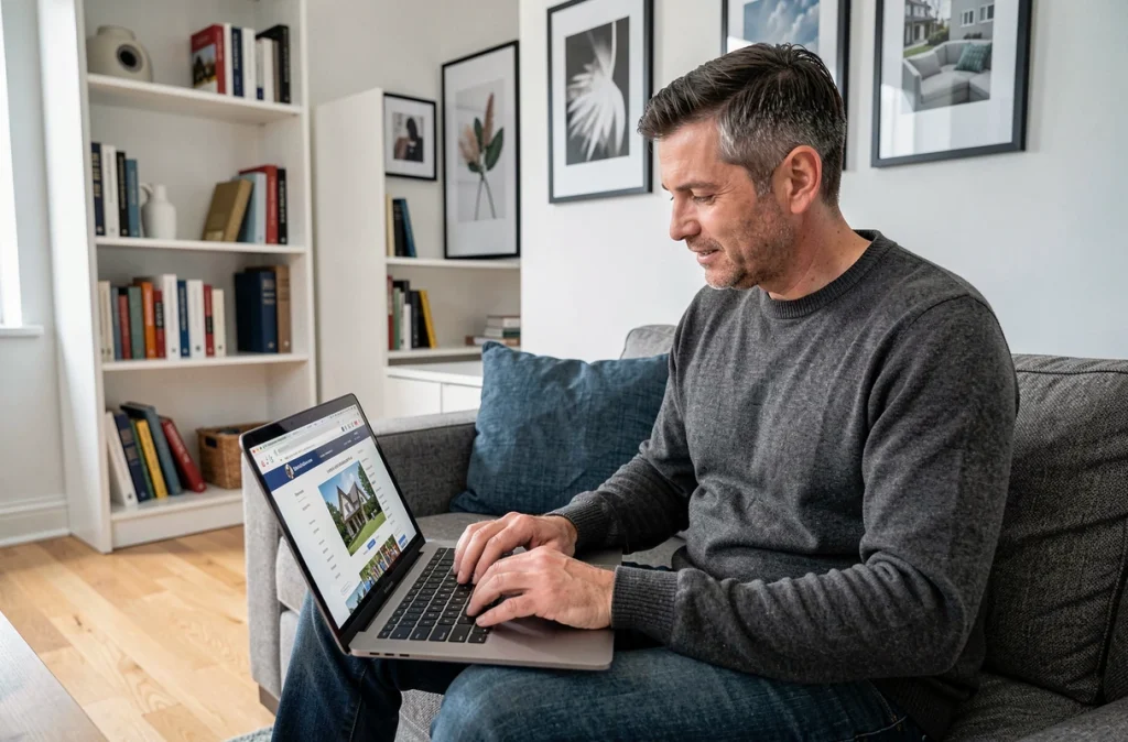 Propriétaire rédigeant son annonce de location en ligne depuis son appartement mis en valeur