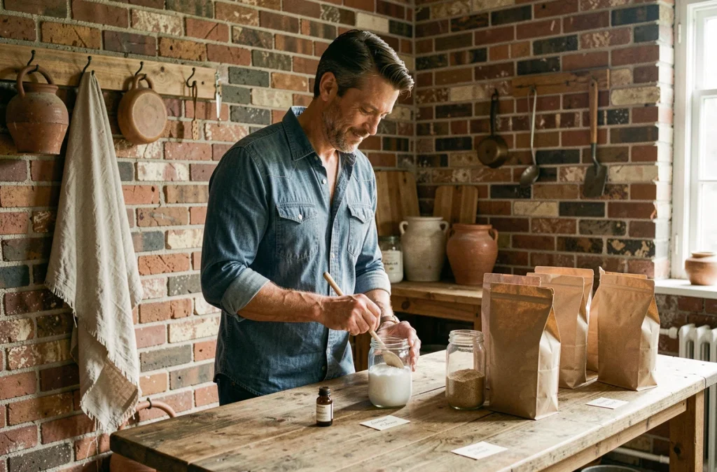 Homme mélangeant du bicarbonate de soude et des huiles essentielles pour fabriquer un produit ménager naturel fait maison