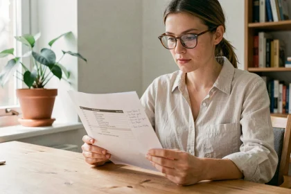 Femme rédigeant une annonce immobilière pour la location de son appartement à son bureau à domicile